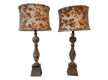 Pair Of Wooden Lamps With Detailed Silk Shades
