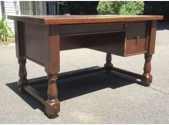Vintage Jacobean Style Desk With Trestle Base & Side Drawer
