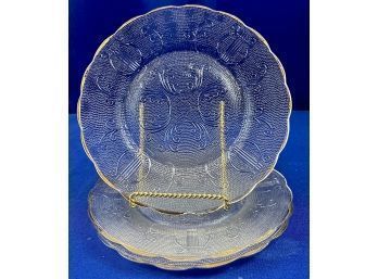 Early American Jeanette Glass Harp Lyre Pattern Dessert Plates With Gold Scalloped Border - Dew Drop Stippled
