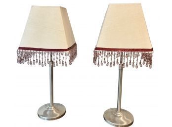 Pair Of Adjustable Height Polished Nickel Lamps With Coordinating Shades