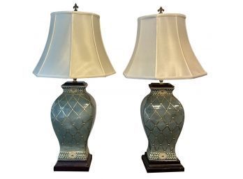 Pair Of Export Ceramic Lamps On Wooden Bases With Silk Shades