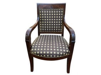 Empire Armchair With Book-matched Crotch Mahogany Backrest - Reeded & Carved Arms - Gently Curved Feet