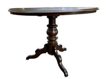 Vintage Oval Tripod Table - Bookmatched Veneer Surface - Turned Pedestal Column - Three Shaped Cabriole Legs