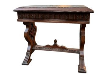 Vintage Variegated Marble Topped Library Table With Carved Trestle Base & Side Drawer