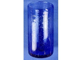 Handmade Blue Bubble Glass Vase - Pontil Mark On Base