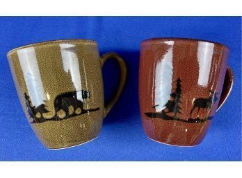 Earthenware Mugs With Adirondack Or Western Theme - Signed On Base