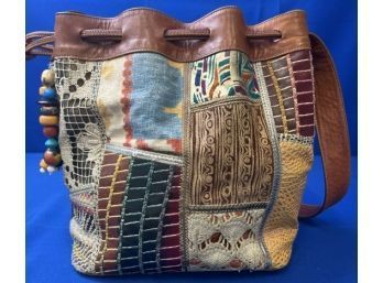 Neiman Marcus Vintage Mexican Woven Tooled Leather Bucket Bag
