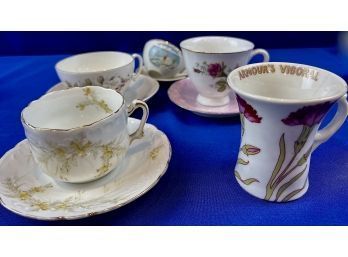 Collection Of Vintage Tea Cups & Saucers - One Signed 'Armour's Vigoral' - Old Soda Fountain Mug