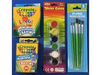 Assorted Crayons, Paints, And Brushes