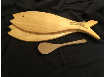 Wooden Fish Salad Servers & One Additional Wooden Spoon