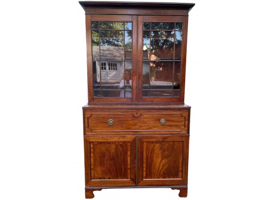 Early Federal Style Butler's Secretary - Satinwood Flame Mahogany -  True Divided Glass - Bracket Feet