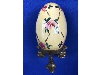 Handpainted Wooden Egg On Brass Stand - Stand Signed 'Made In Italy'