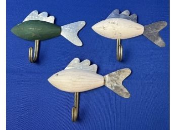 3 Aluminum And Wood Painted Decorative Fish Hooks