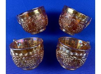 Vintage Harvest Grape Amber Iridescent Carnival Glass Punch Cups With Handles - Marigold Grape Cluster Motif