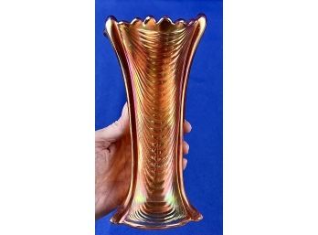 Vintage Amber Iridescent Marigold Carnival Glass Vase With Drape Motif
