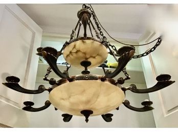 Amazing Two Tiered Alabaster & Brass Neoclassical Style Chandelier