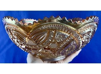 Vintage Marigold Iridescent Amber Carnival Glass Bowl - Scalloped Sawtooth Rim