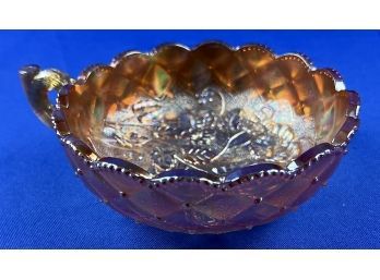 Imperial Amber Carnival Glass Bowl With Scalloped Border, Quilted Design, Pansies, & Branch Style Handle