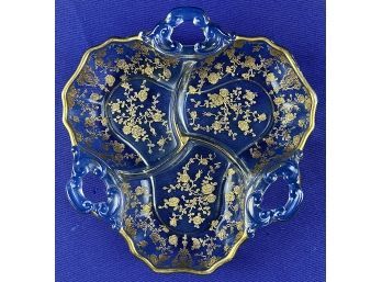 Vintage Cambridge Glass Rose Point - Acid Etched Glass - Clover Shaped - Divided Serving Piece - Gold Details