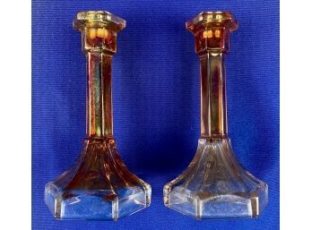 Vintage Imperial Chesterfield Marigold Carnival Glass Candleholders