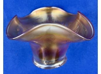 Vintage Marigold Carnival Art Glass Iridescent Candy Bowl Dish Wavy Scalloped Ruffled Wavy Edge Footed
