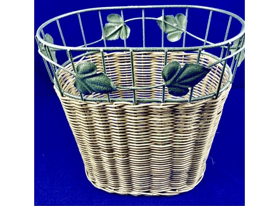 Rattan Basket With Metal Leaf Design
