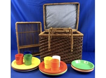 Fabric Lined Vintage Picnic Basket With Plates, Bowls, Cups And Interior Basket Tray