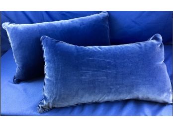 Two Luxurious Blue Velvet Pillows With Down Cushions - Like New