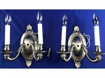 Pair Of Polished Nickel-tone Silver Double Arm Sconces - Signed Luminaire