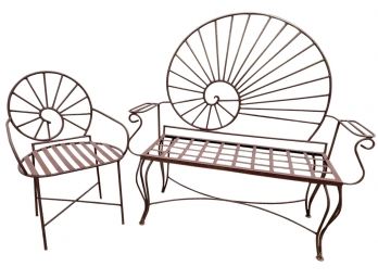 Vintage Wrought Iron Nautilus Shell-back Garden Bench & Matching Chair