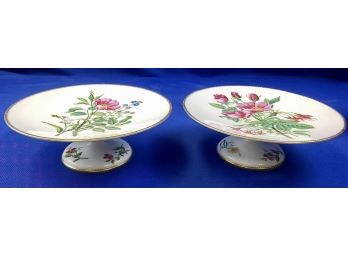Set Of Two Vintage Porcelain Pedestal Cake Stands With Gorgeous Hand Painted Botanicals