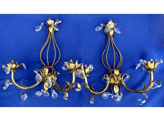 Elegant Gilt & Crystal Wall Sconces - Signed 'Made In Italy'