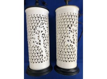 Pair Of Reticulated Blanc De Chine Chinese Lamps - Stunning Pair
