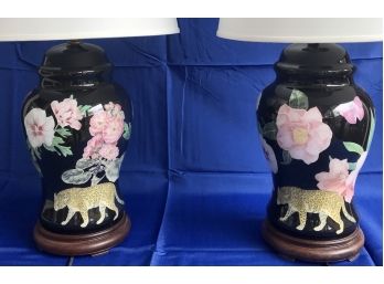 Two Stunning Black Lamps With Leopard, Botanical, & Insect Designs - Shades Included