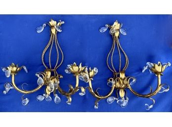 Elegant Gilt & Crystal Wall Sconces - Signed 'Made In Italy'