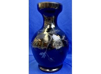 Antique Floral Engraved Ebony Amethyst Glass Vase - Remnants Of Sterling Overlay - Signed 'Austria'