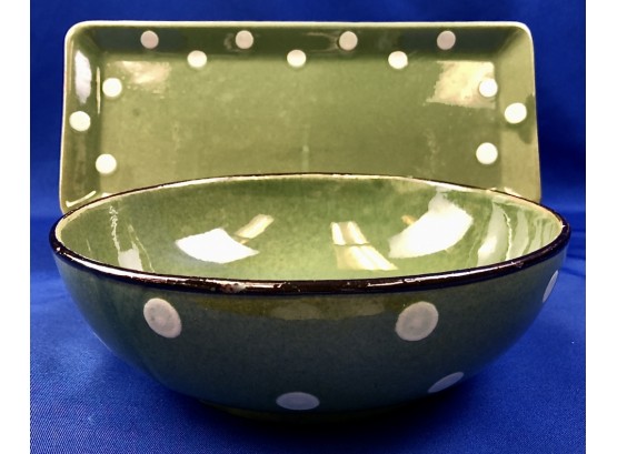 Green Pottery Bowl & Serving Piece