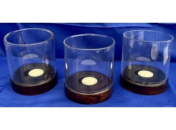 Three Votive Candle Holders With Wooden Bases