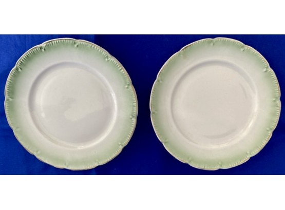 Pair Of Green And Gold Dresden Salad Plates.