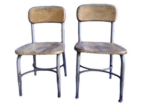 Pair Of Heywood & Wakefield Mid-Century Wood & Metal School Chairs - Original Heywood & Wakefield Logo On Base