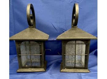 Pair Of  Outdoor Lanterns - Black Iron With Glass Inserts