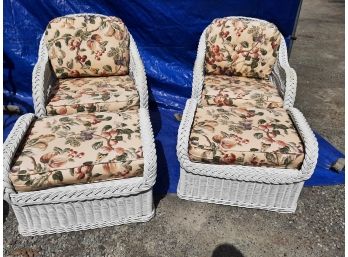 Pair White Wicker Chairs & Ottomans With Decorative Cushions