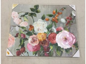 Floral Print Canvas Stretched Over Wood Frame- Handpainted Acrylic Accents