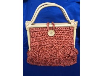 Orange Straw Handbag With Wooden Handle