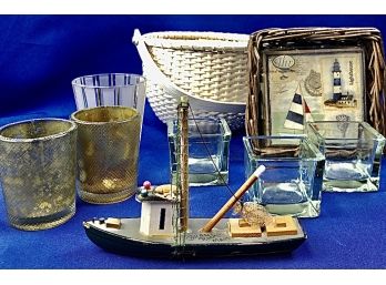 Six Assorted Votives, Basket & New Packaged Cocktail Napkins, White Nantucket Basket,  & Small Vintage Boat