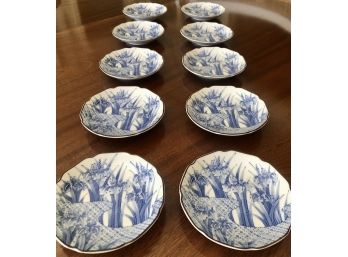 Set Of Ten Blue & White Japanese Porcelain Plates - Hand Signed On Base - 6.25' Diameter.