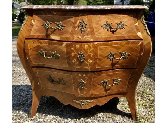 Bombe Marble-top Louis XV Style 3 Drawer Inlaid Dresser Commode