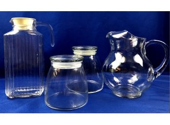 Glassware - Pitcher, Covered Juice Carafe, Two Covered Decorative Storage Jars