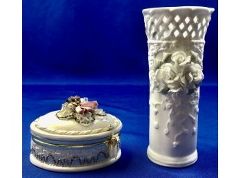 Porcelain Hinged Box & Bisque Reticulated Vase