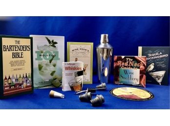 Bar Ware - Stainless Steel Martini Shaker, Books, & Stoppers